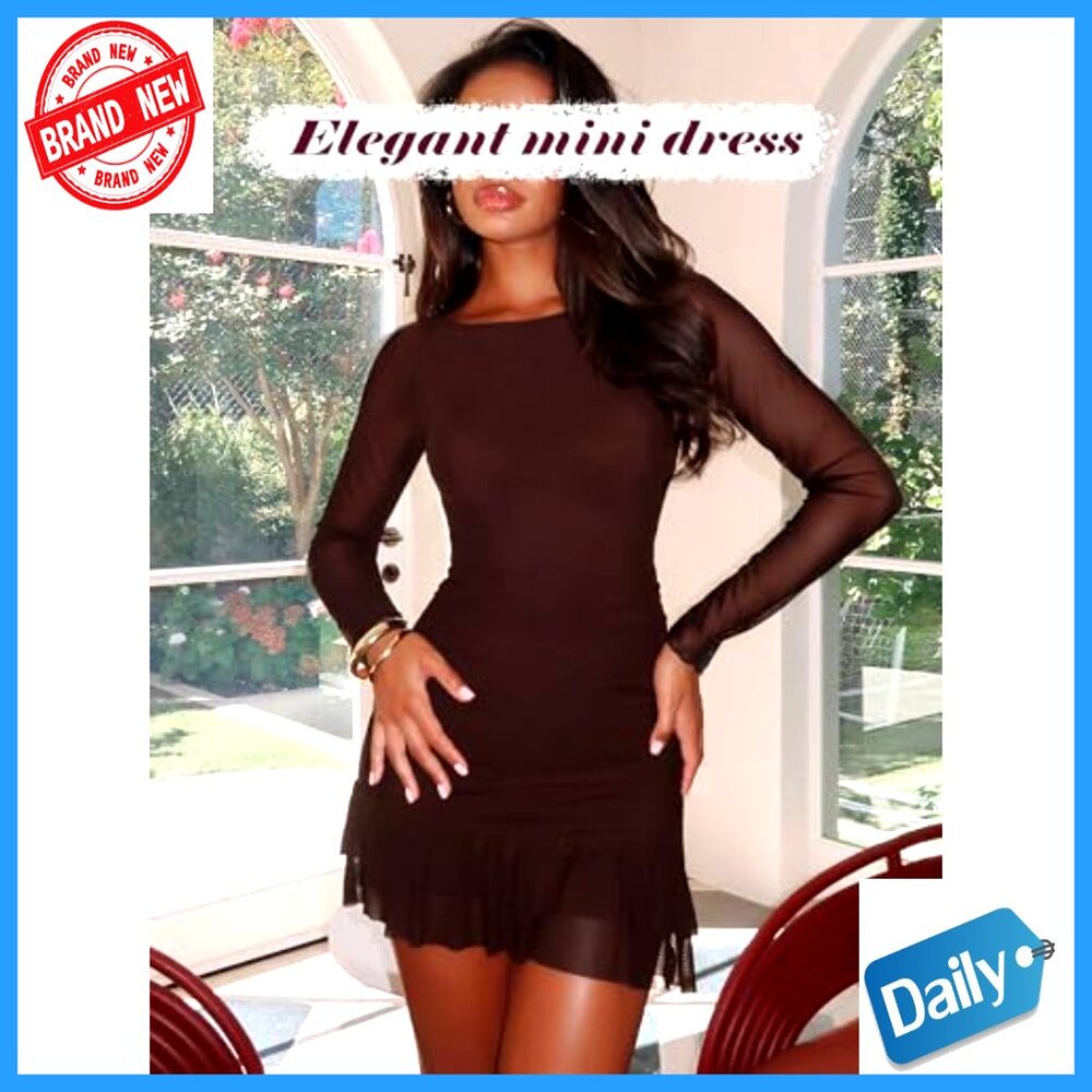 Long Sleeve Boat Neck Bodycon Mini Dress Mesh Ruffle Club Cocktail Party - Picture 3 of 7